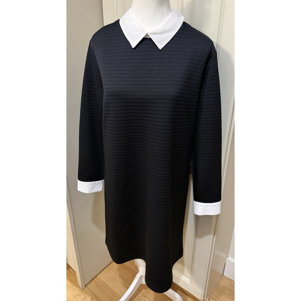 Primark Black Textured Shift Dress Midi White Collar Mod Preppy Long Sleeve 10